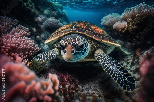 Baby Turtle Underwater POV with Colorful Coral Reef generative ai