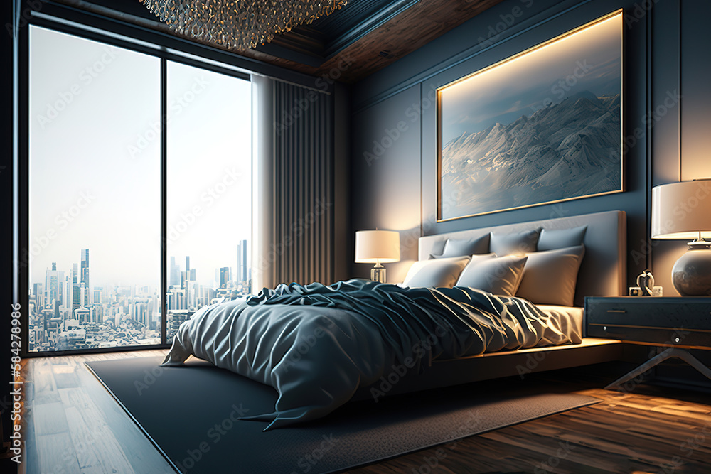 Image showcasing luxury studio apartment master bedroom with free layout loft style in ...
