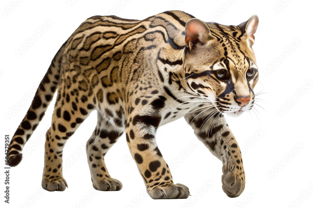 Animal studio shot: Walking wildcat ocelot posing for a portrait. Generative AI Animal studio shot: Walking wildcat ocelot posing for a portrait. Generative AI