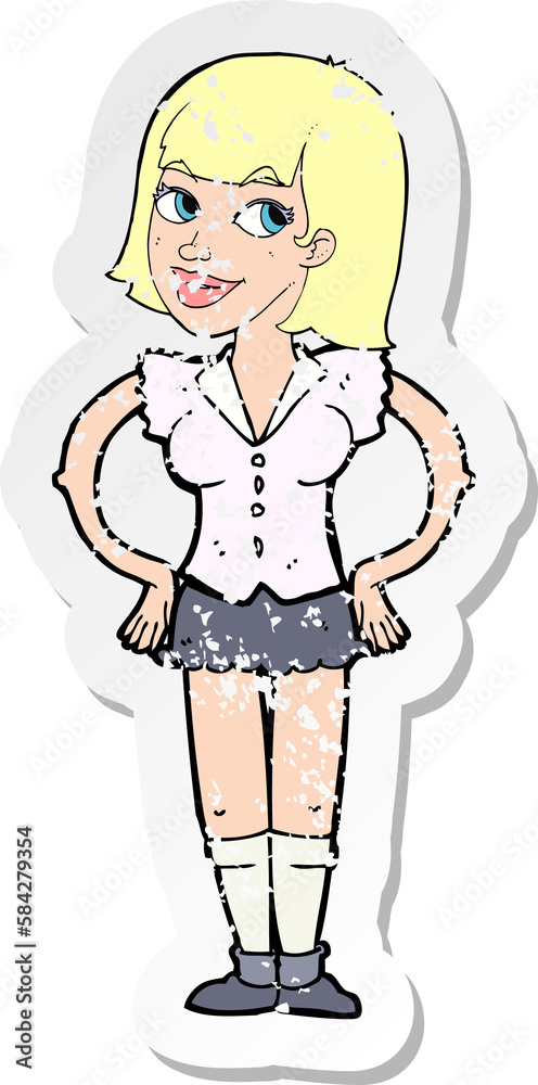 retro distressed sticker of a cartoon woman with hands on hips retro distressed sticker of a cartoon woman with hands on hips