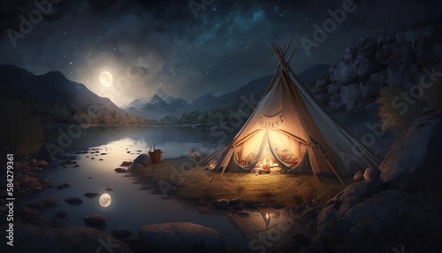 a beautiful place for a tent  with cozy lights at night