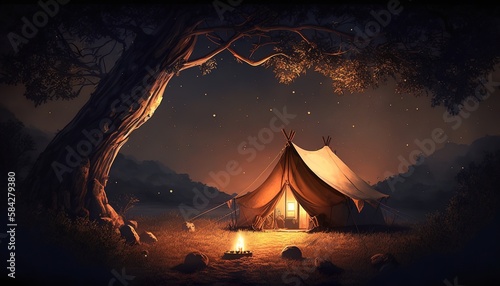 a beautiful place for a tent  with cozy lights at night