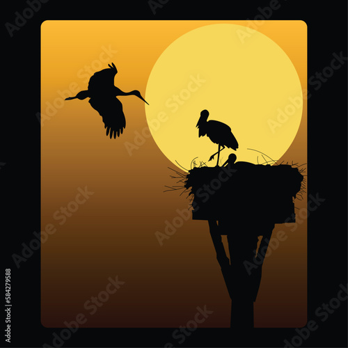 silhouette vector illustration of a bird flying and a bird standing in a nest