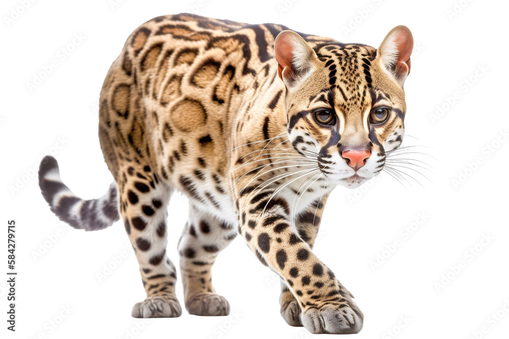 Sneaking ocelot portrait: Leopardus pardalis isolated in a wildcat scene. Generative AI Sneaking ocelot portrait: Leopardus pardalis isolated in a wildcat scene. Generative AI