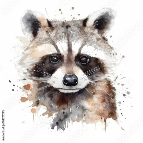 Cute watercolor raccoon. AI generative.