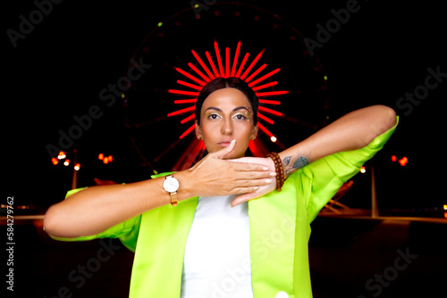 night city portrait of a girl in neon light