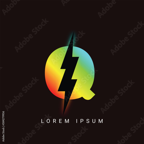  letters Q with flash logo, Lightning Thunder Letter Logo Design Q, Flash logotype, initial Q power logo design symbol vector template