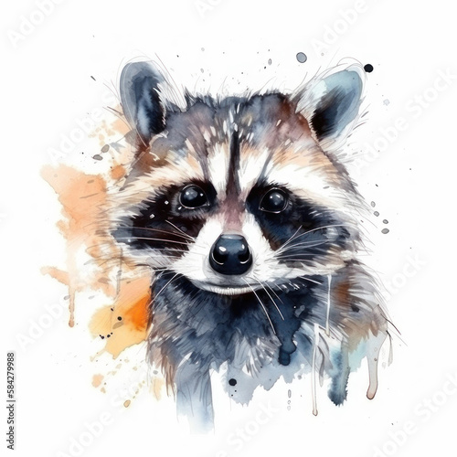 Cute watercolor raccoon, portrait. AI generative.