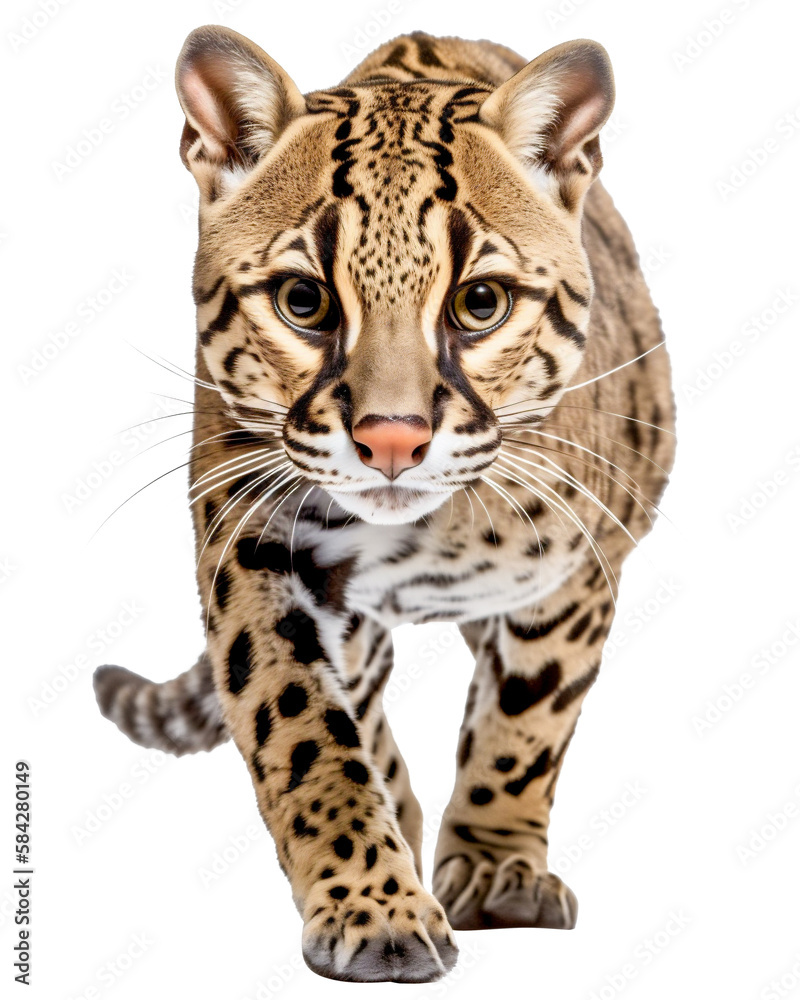 Fototapeta premium Detailed walking wildcat ocelot portrait: Small feline captured up-close. Generative AI