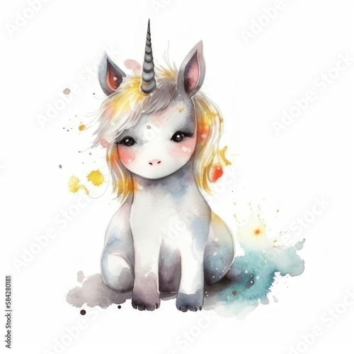 Cute watercolor unicorn on a white background. AI generative.