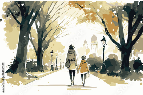 Mother and daughter walking together in a park. Family love. Vector art painting of grandmother walking with her child. Adorable background. Walking outdoor, together. Unity family. Road to happiness