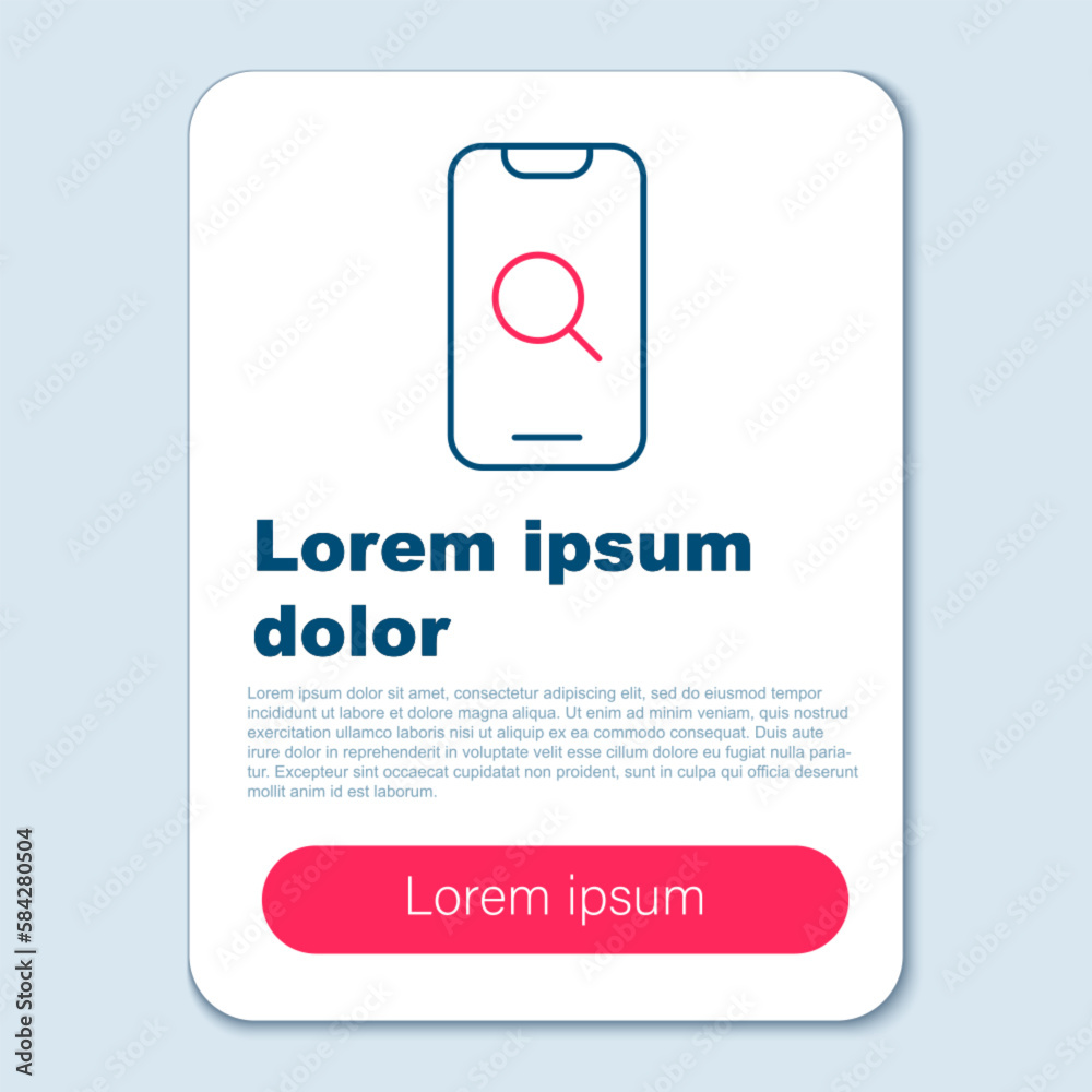 Line Magnifying glass and mobile icon isolated on grey background. Search, focus, zoom, business symbol. Colorful outline concept. Vector Line Magnifying glass and mobile icon isolated on grey background. Search, focus, zoom, business symbol. Colorful outline concept. Vector