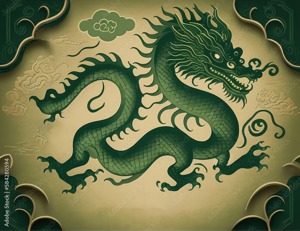Card with green Chinese dragon in china town city, generative ai. Card with green Chinese dragon in china town city, generative ai.