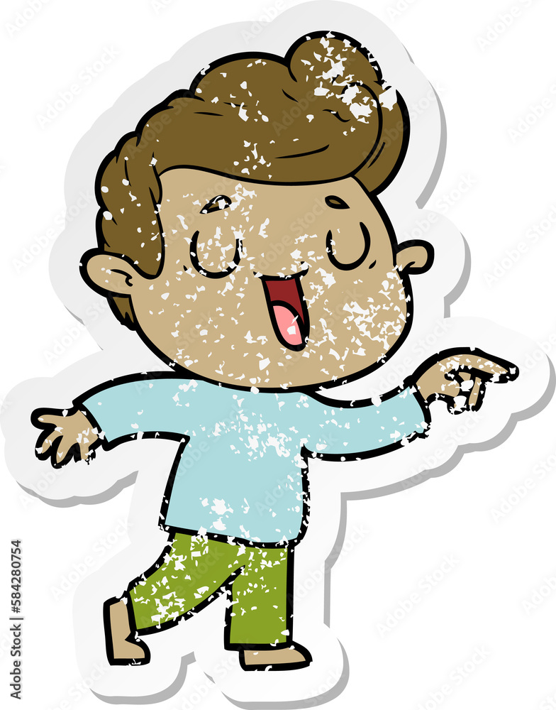 distressed sticker of a happy cartoon man distressed sticker of a happy cartoon man