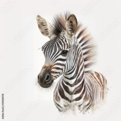 Watercolor little zebra. AI generative.