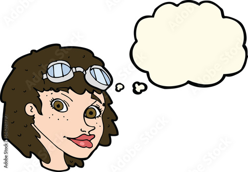 cartoon happy woman wearing aviator goggles with thought bubble