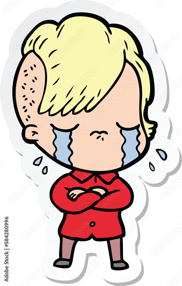 sticker of a cartoon crying girl with crossed arms