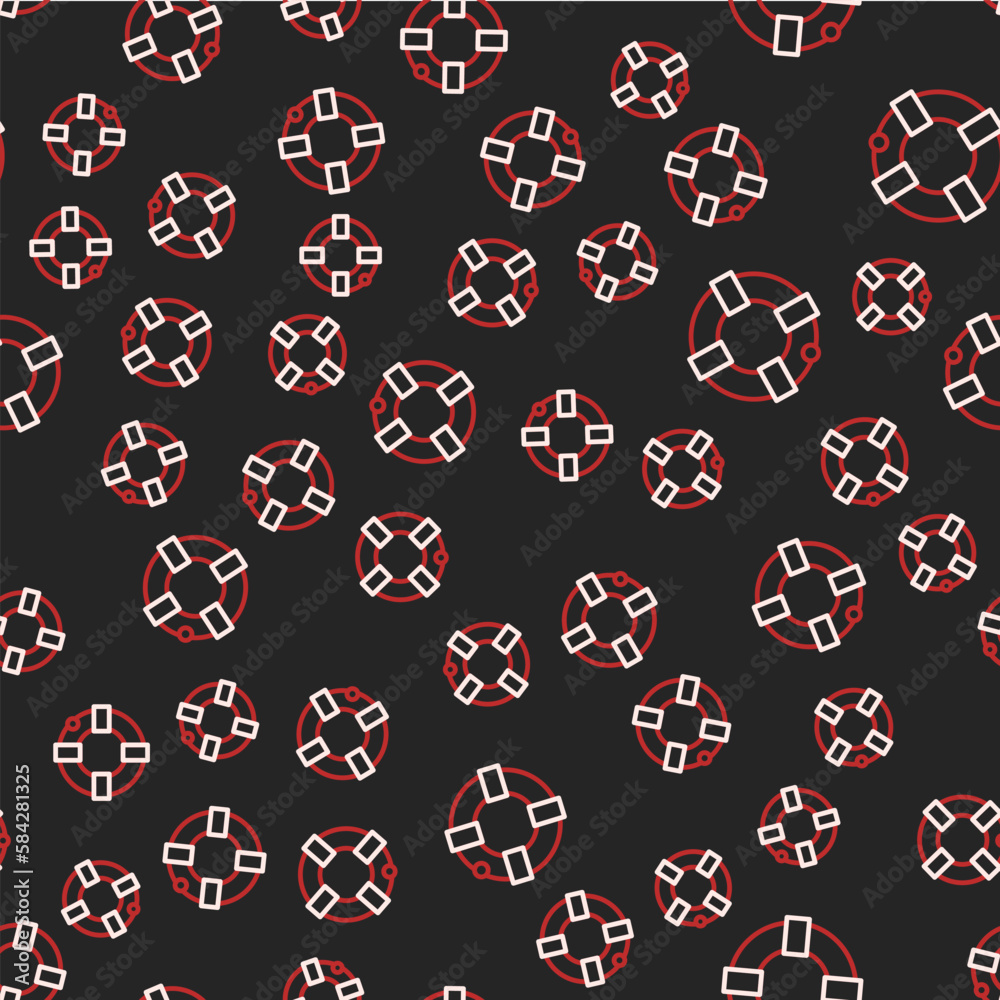Obraz premium Line Lifebuoy icon isolated seamless pattern on black background. Lifebelt symbol. Vector