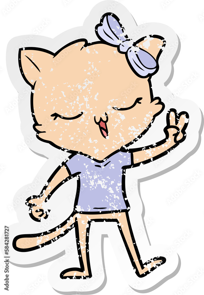distressed sticker of a cartoon cat with bow on head giving peace sign distressed sticker of a cartoon cat with bow on head giving peace sign