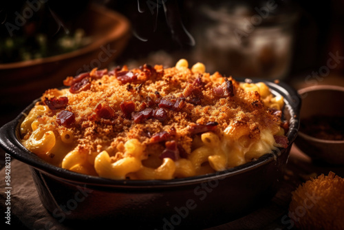 Baked macaroni and cheese with a breadcrumb topping and bacon bits