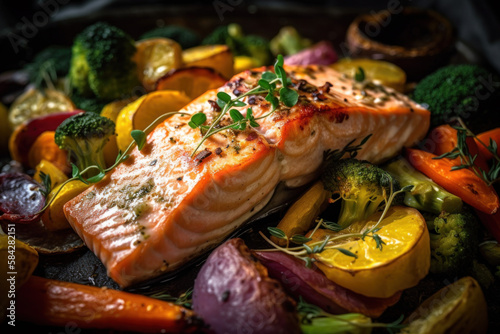 Baked honey mustard salmon with green beans and roasted potatoes