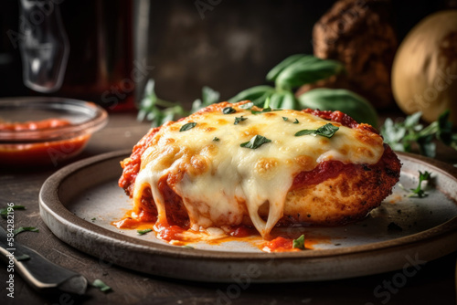 Baked chicken parmesan with marinara sauce and melted mozzarella cheese © Awesomextra