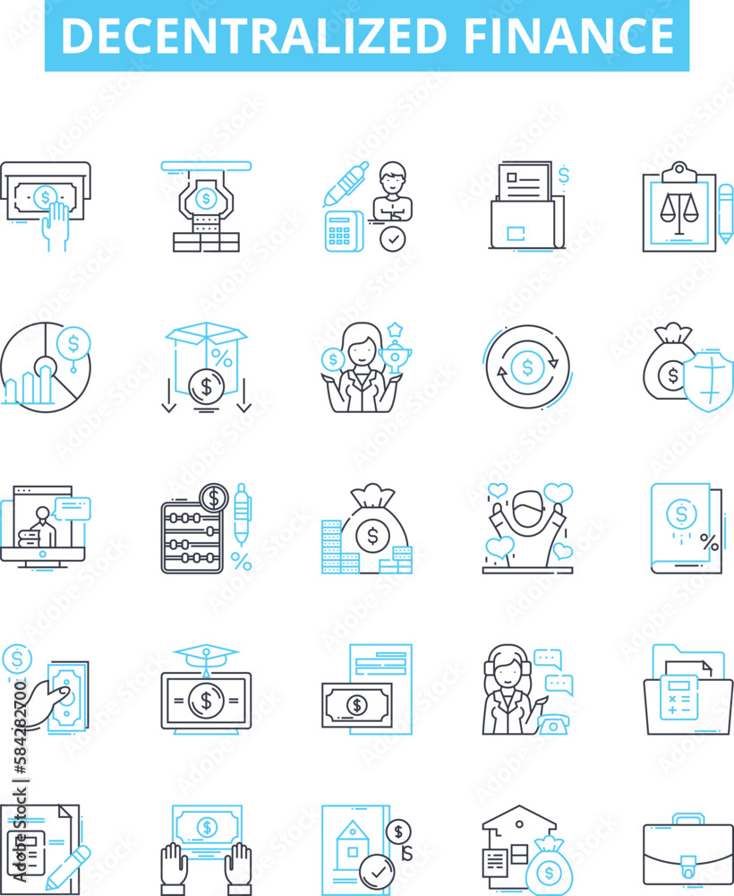 Decentralized finance vector line icons set. DeFi, Blockchain, Crypto, Smart Contracts, Distributed Ledger, Digital Currencies, Cryptocurrency illustration outline concept symbols and signs Decentralized finance vector line icons set. DeFi, Blockchain, Crypto, Smart Contracts, Distributed Ledger, Digital Currencies, Cryptocurrency illustration outline concept symbols and signs
