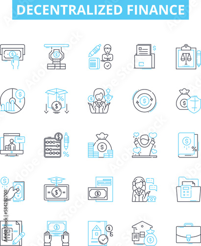 Decentralized finance vector line icons set. DeFi, Blockchain, Crypto, Smart Contracts, Distributed Ledger, Digital Currencies, Cryptocurrency illustration outline concept symbols and signs photo