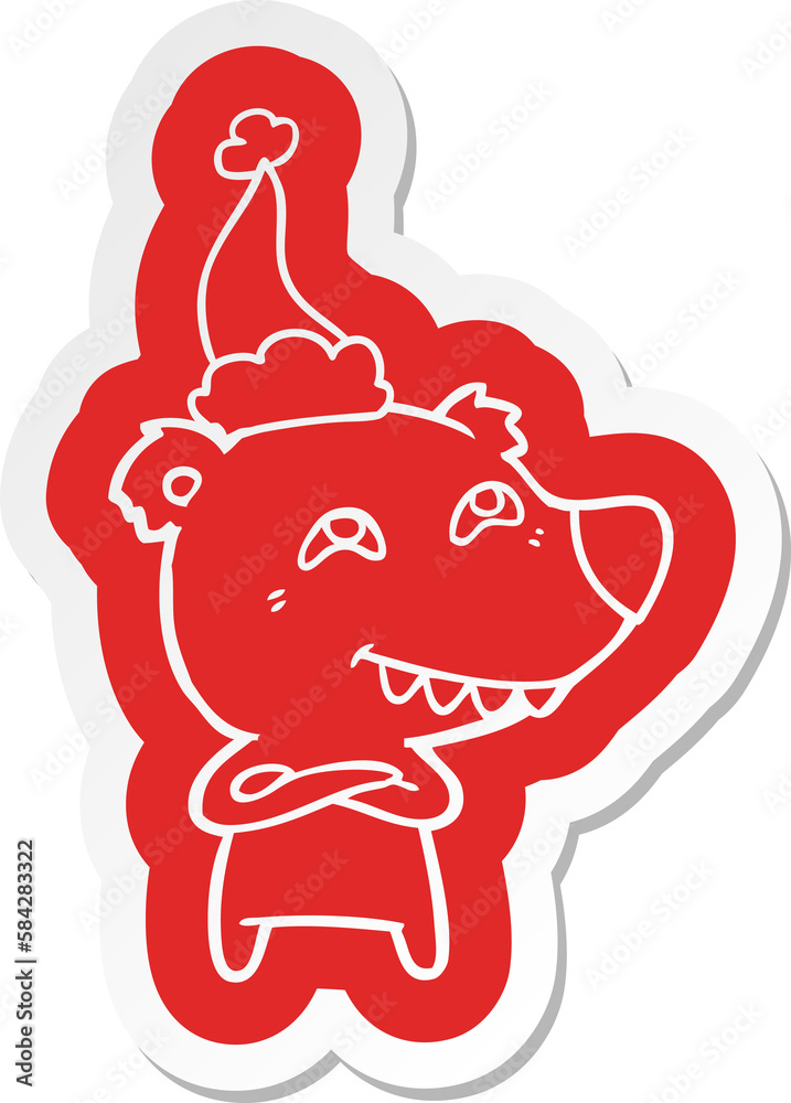 cartoon sticker of a bear showing teeth wearing santa hat cartoon sticker of a bear showing teeth wearing santa hat