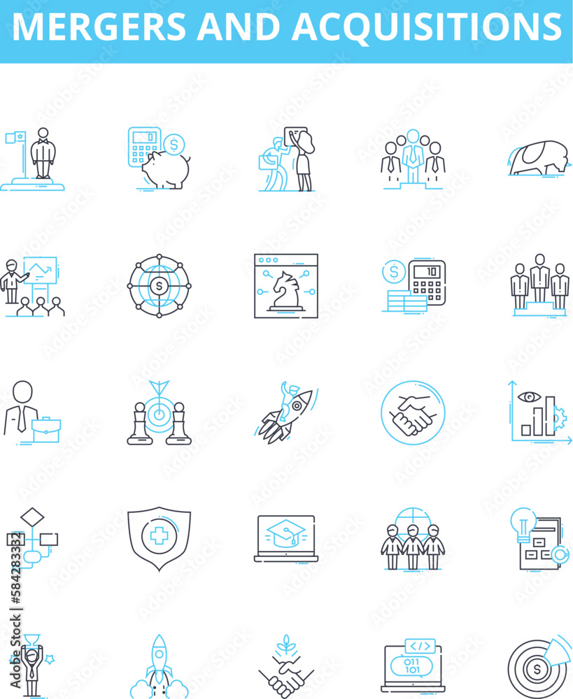 Mergers and acquisitions vector line icons set. Mergers, Acquisitions, Consolidation, Buyouts, Merging, Hostile, Takeovers illustration outline concept symbols and signs Mergers and acquisitions vector line icons set. Mergers, Acquisitions, Consolidation, Buyouts, Merging, Hostile, Takeovers illustration outline concept symbols and signs