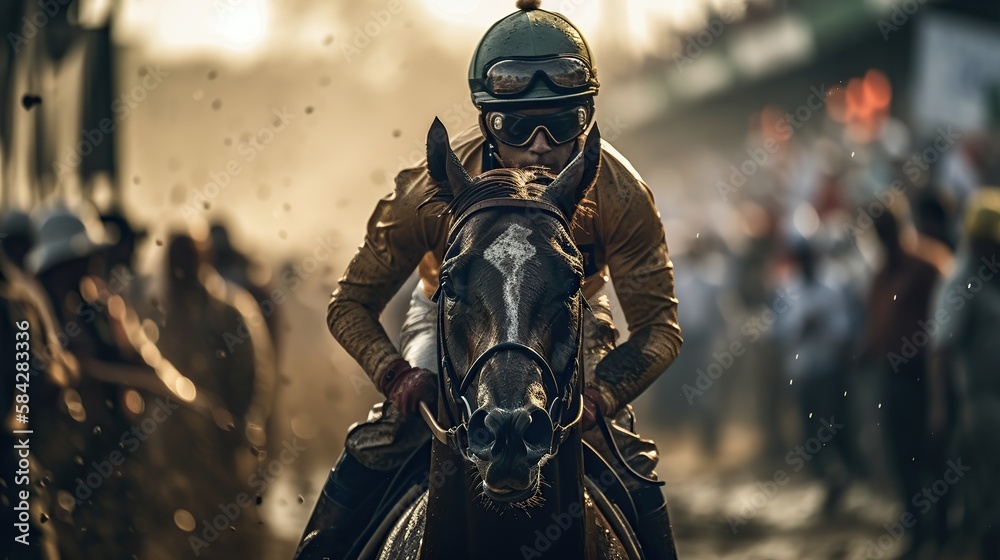 Horses racing at the Kentucky derby close up. Generative AI illustration. Horses racing at the Kentucky derby close up. Generative AI illustration.