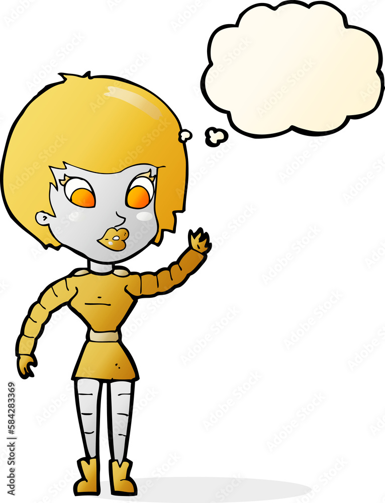 cartoon robot woman waving with thought bubble cartoon robot woman waving with thought bubble