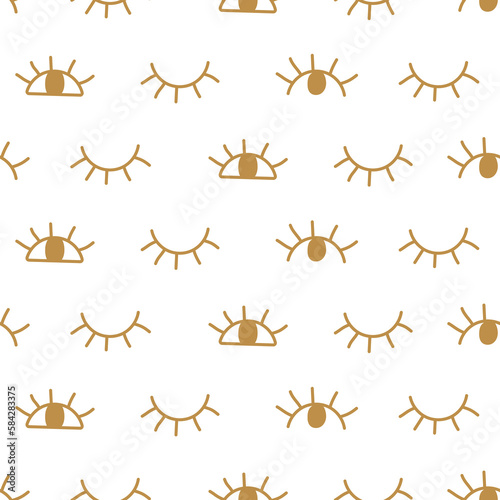 Golden eyes seamless pattern. Hand drawn repeat background with eyes. Cute fabric design.