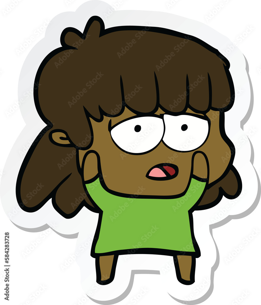 sticker of a cartoon tired woman sticker of a cartoon tired woman