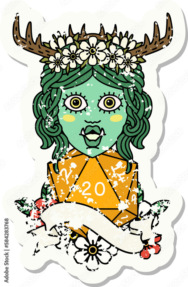 half orc druid character with natural 20 dice roll grunge sticker half orc druid character with natural 20 dice roll grunge sticker