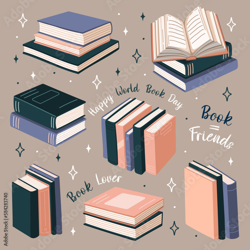 Set of books stickers. Open book, plant, and stacks of books to read in flat design style. World book day. Vector.