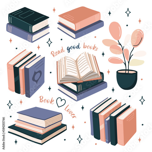 Set of books stickers. Open book, plant, and stacks of books to read in flat design style. World book day. Vector.