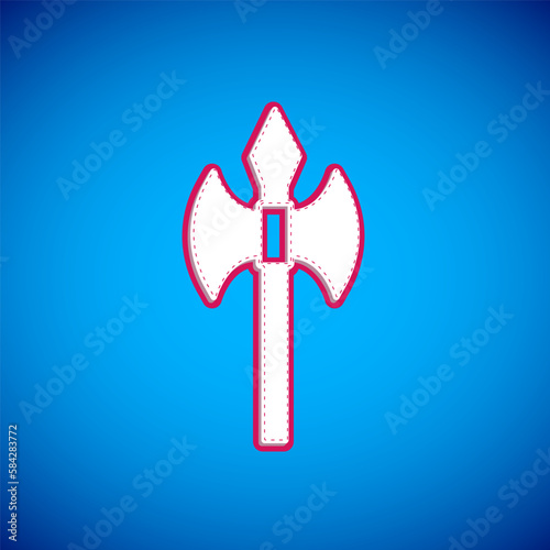 White Medieval axe icon isolated on blue background. Battle axe, executioner axe. Medieval weapon. Vector