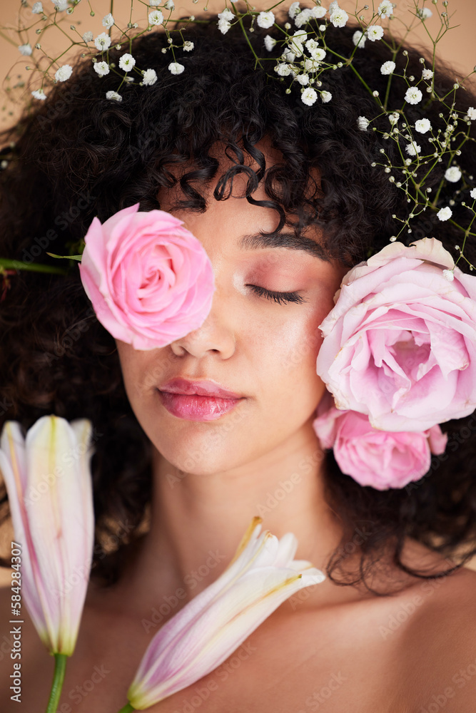Beauty Flowers And Face Of Woman Relax