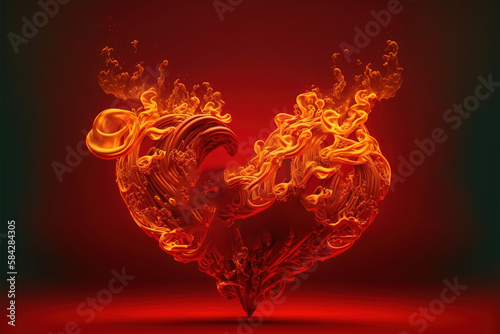 Burning heart of fire flame on dark red background, love, passion, generative ai. © Jim1786