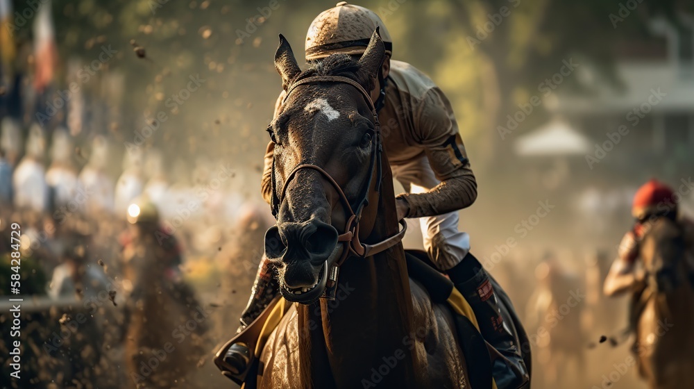 Horses racing at the Kentucky derby close up. Generative AI illustration. Horses racing at the Kentucky derby close up. Generative AI illustration.
