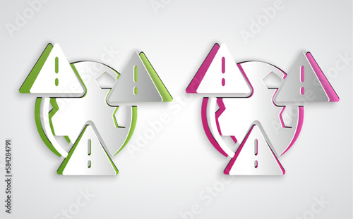 Free Download Paper cut Planet earth symbol with exclamation mark icon isolated on grey background. Global earth, Exclamation mark danger. Paper art style. Vector - GFXLoad