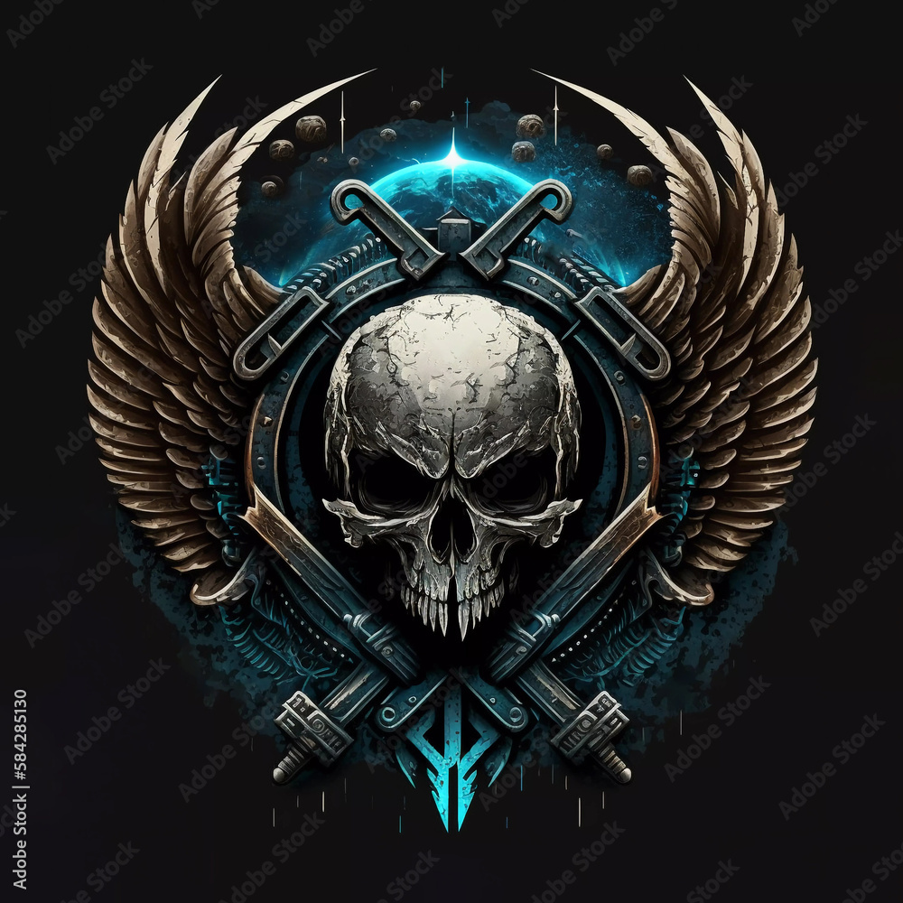 Special forces colored logo emblem with winged skull. Space troops. Futuristic fantasy sci-fi military chevron. AI generated