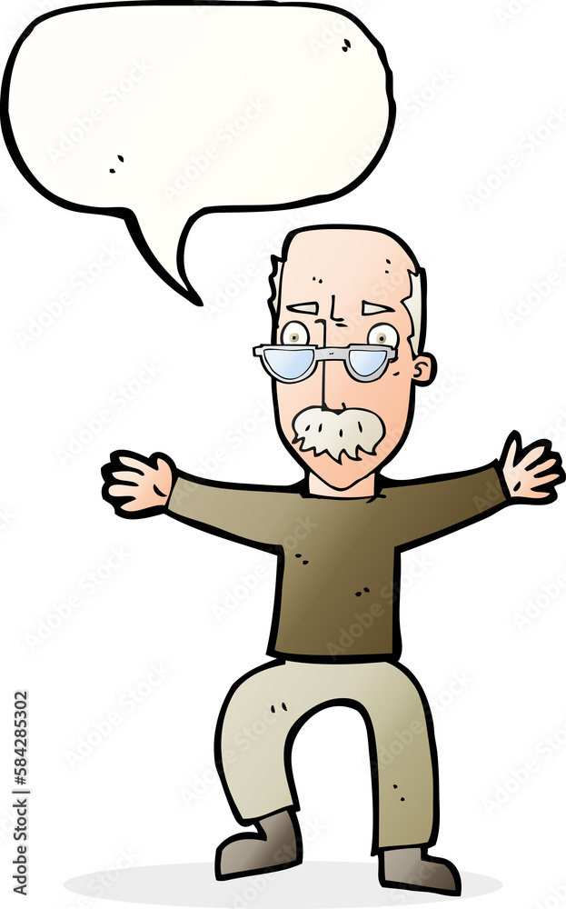 cartoon old man waving arms with speech bubble