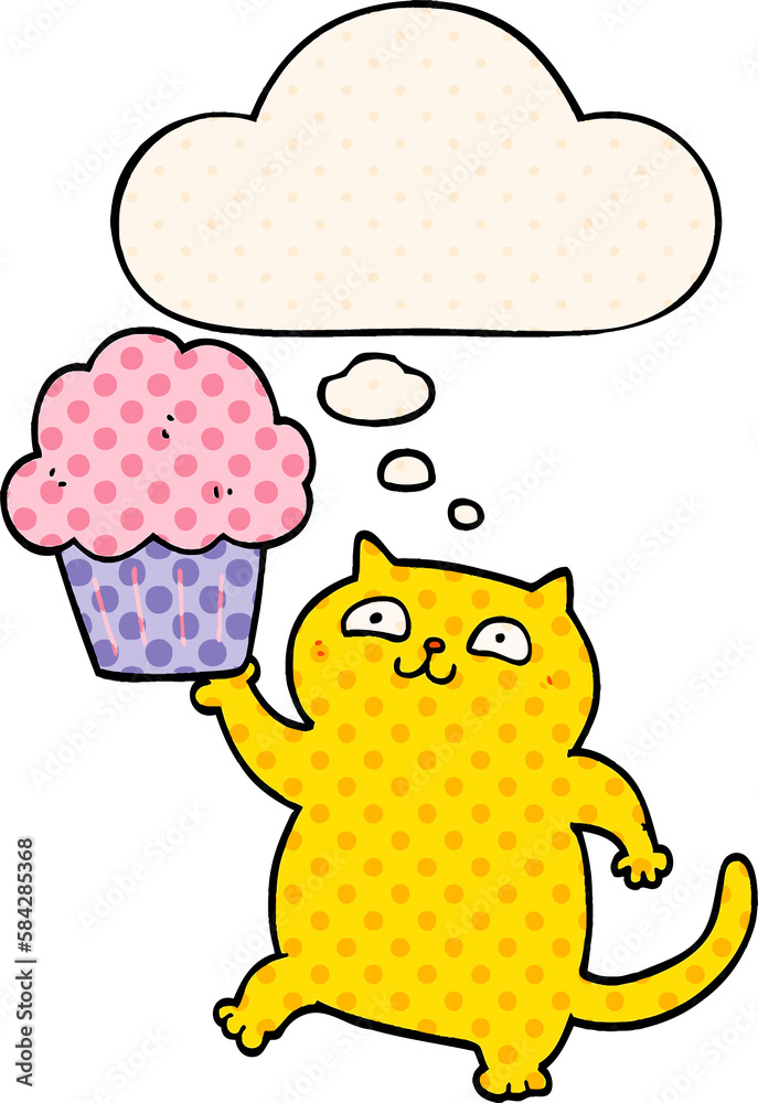 cartoon cat with cupcake and thought bubble in comic book style cartoon cat with cupcake and thought bubble in comic book style