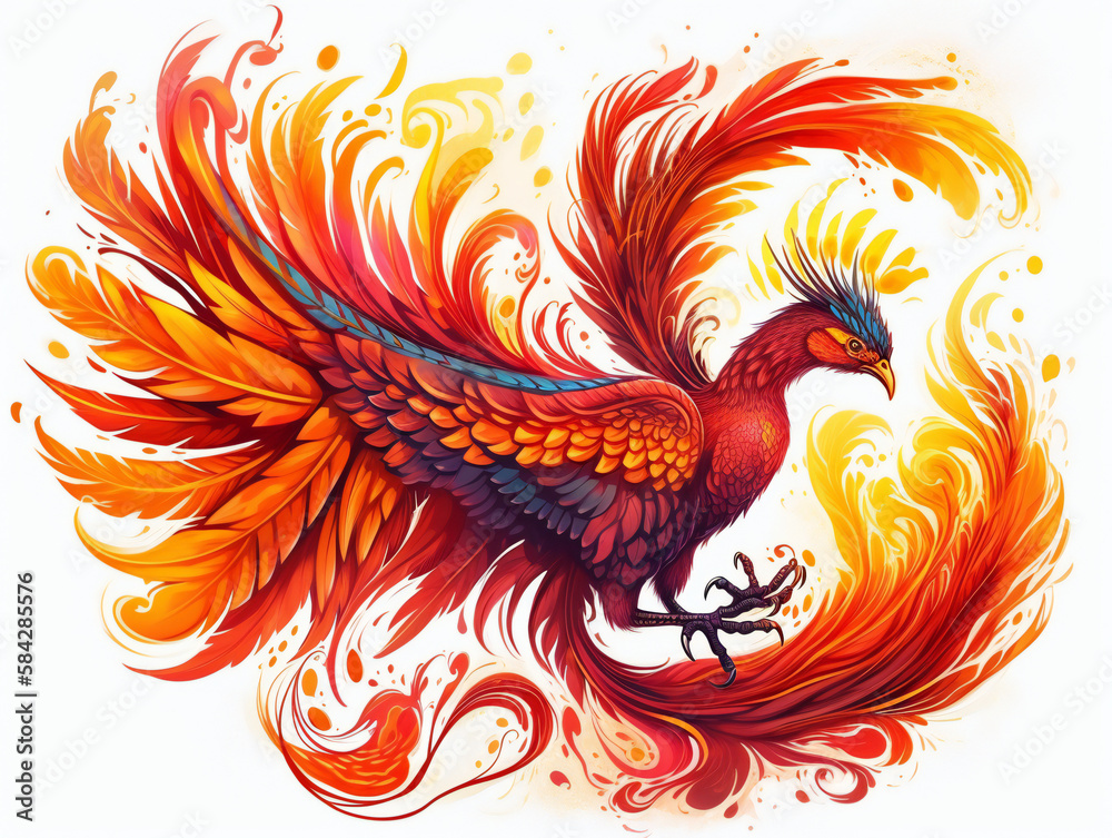 Fototapeta premium mythical phoenix bird illustration, stunning colors, emblem of rebirth, generative AI 