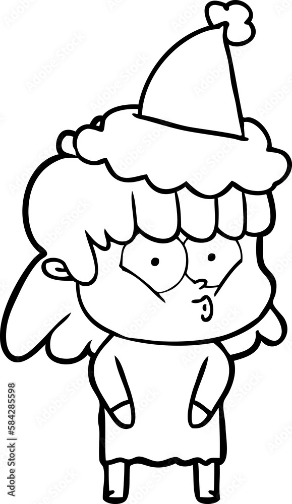 line drawing of a whistling girl wearing santa hat line drawing of a whistling girl wearing santa hat