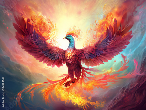 majestic phoenix illustration, vibrant colors, mythical creature, generative AI  © Marcos