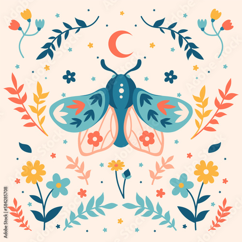 Mystery moon moth, magical luna butterfly and bloomy spring florals.Decorative graphics print. Spiritual Boho folk vibes design