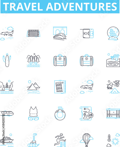 Travel adventures vector line icons set. Travel, Adventures, Exploring, Touring, Trekking, Cruising, Hiking illustration outline concept symbols and signs